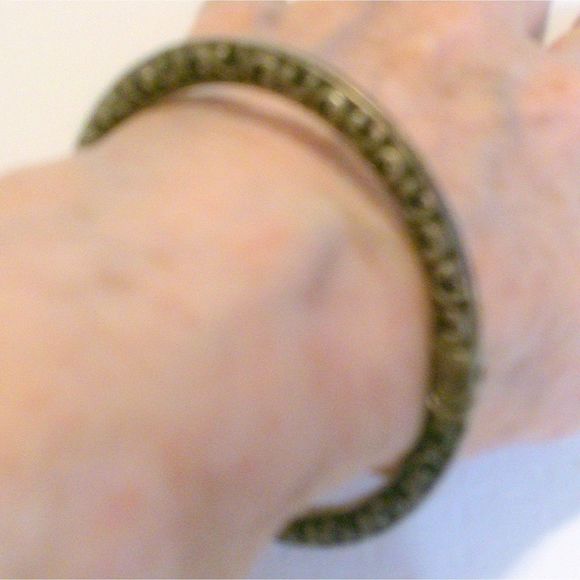 Ornate Boho Inspired Open Work Hinged Silver Tone Bangle Bracelet - Picture 4 of 4